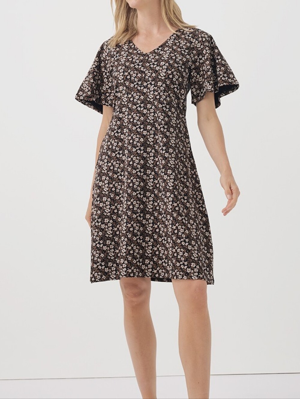 Pact Black Fall Floral V‑Neck Midi Dress Size Large